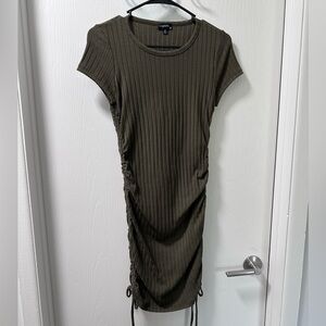 Elegant Olive Ruched Midi Dress